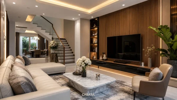 nội thất nhà sang phòng khách nhà phố với sofa bàn trà đá và vách tivi gỗ