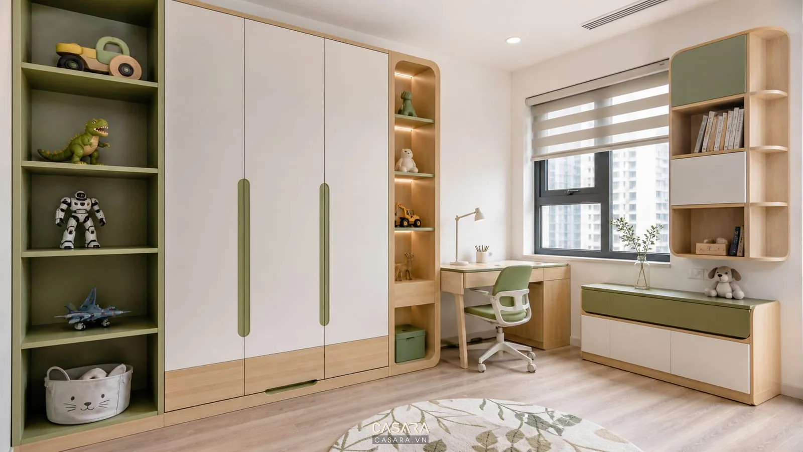 Nội thất phòng bé trai có tủ áo gỗ công nghiệp và kệ mở màu xanh olive