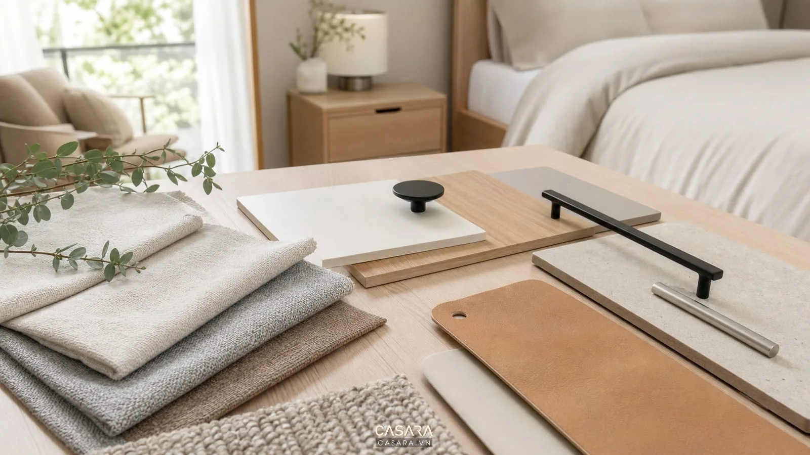 Bảng vật liệu gỗ sáng và vải linen cho nội thất phong cách Bắc Âu