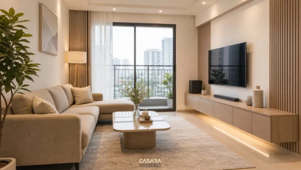 phòng khách chung cư hiện đại với kệ tivi gỗ sofa vải be và bàn trà đá sáng