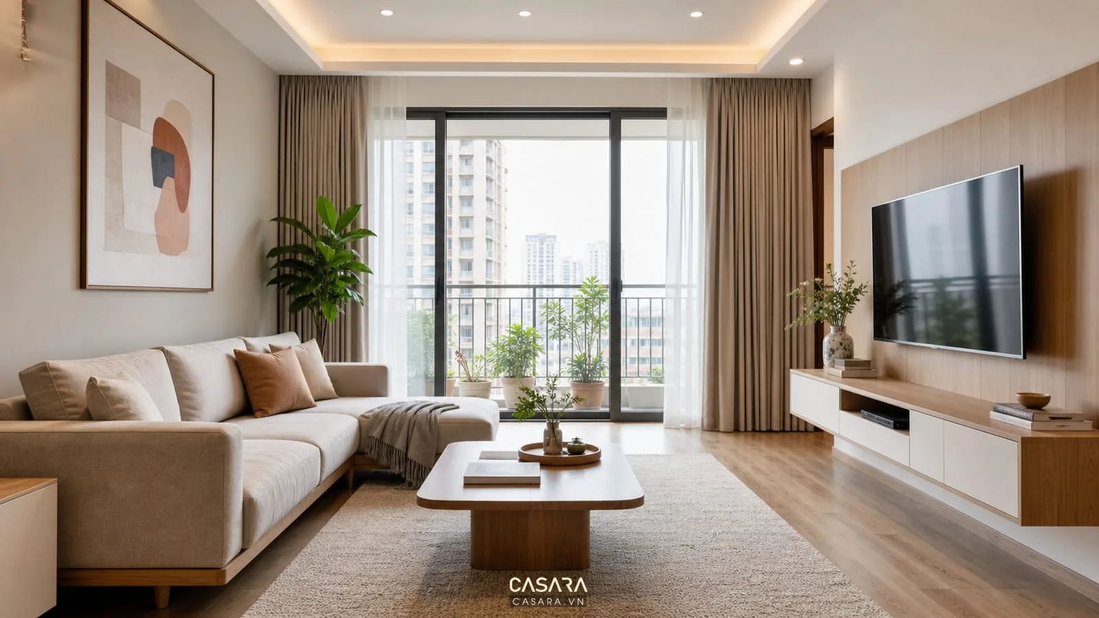 Nội thất nhà chung cư đẹp với vật liệu gỗ sáng, đá trắng, vải trung tính, kệ tivi âm tường và ánh sáng đèn hắt