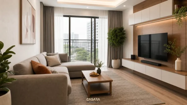 Phòng khách chung cư với sofa chữ L bàn trà gỗ kệ tivi hiện đại tủ kín và thảm sáng màu