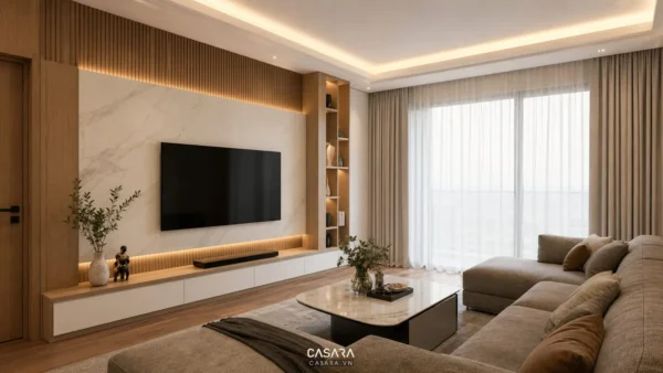 Nội thất phòng khách chung cư đẹp với vách tivi gỗ đá vân nhẹ đèn hắt sofa xám be và rèm sáng