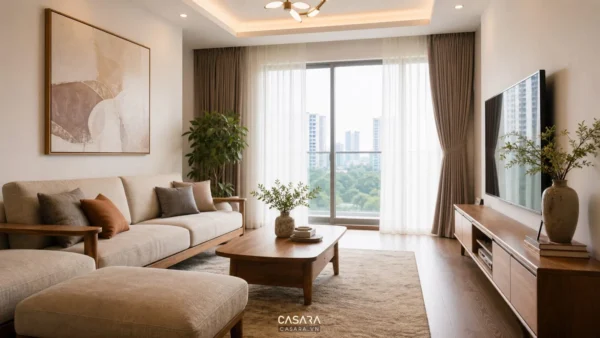 Nội thất phòng khách đẹp với sofa sáng màu, bàn trà gỗ, kệ tivi thấp, thảm lớn và ánh sáng tự nhiên