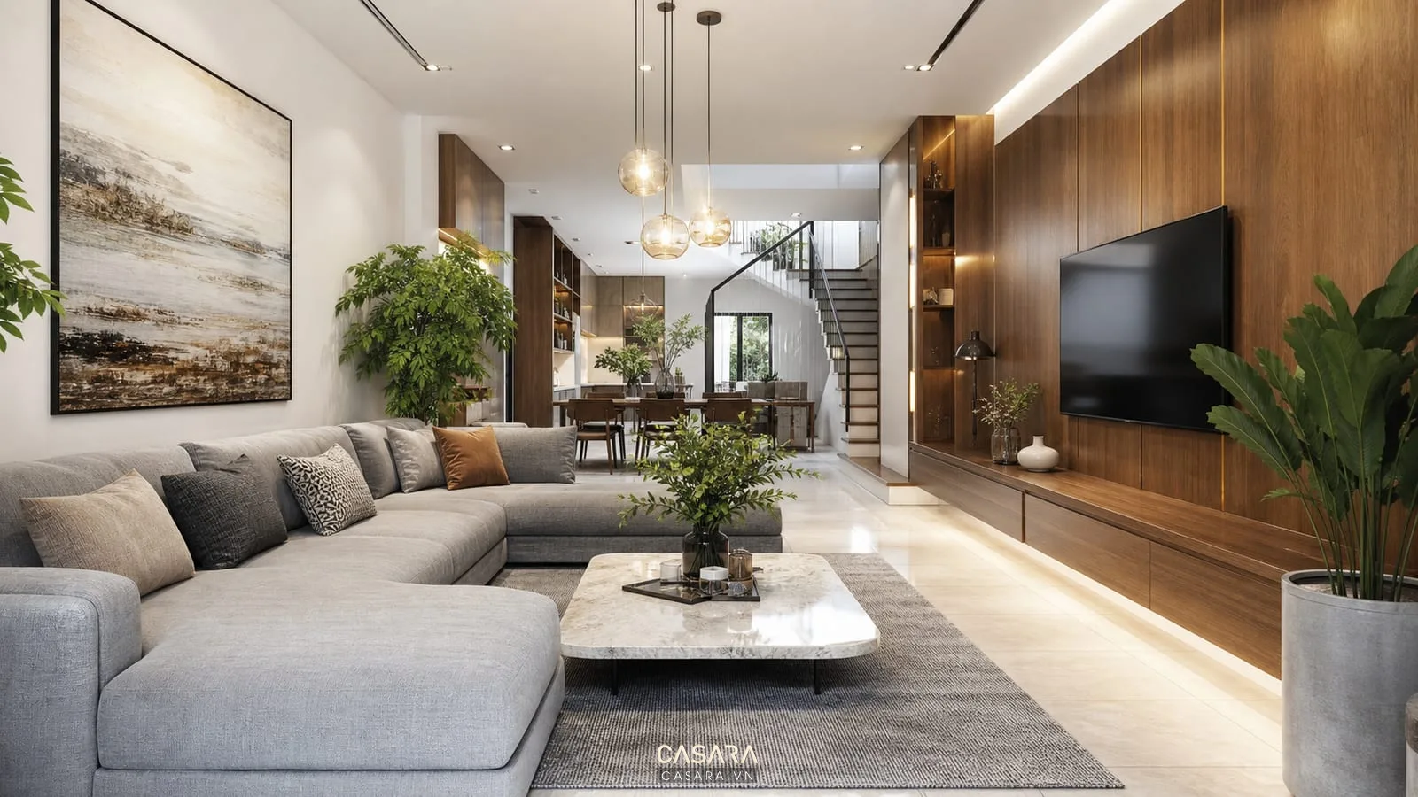 Mẫu nội thất phòng khách đẹp hiện đại với sofa vải bàn trà đá và vách tivi gỗ