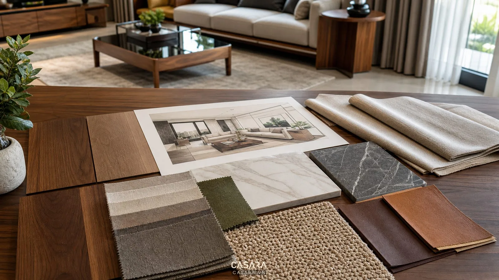 Nội thất phòng khách với mẫu gỗ, vải sofa, da, đá marble, thảm dệt và bản vẽ phối màu