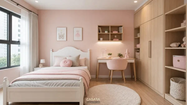 Nội thất phòng ngủ bé gái hiện đại với giường ngủ màu trắng, tường hồng phấn, bàn học nhỏ, tủ quần áo gỗ sáng trong phòng trẻ em chung cư