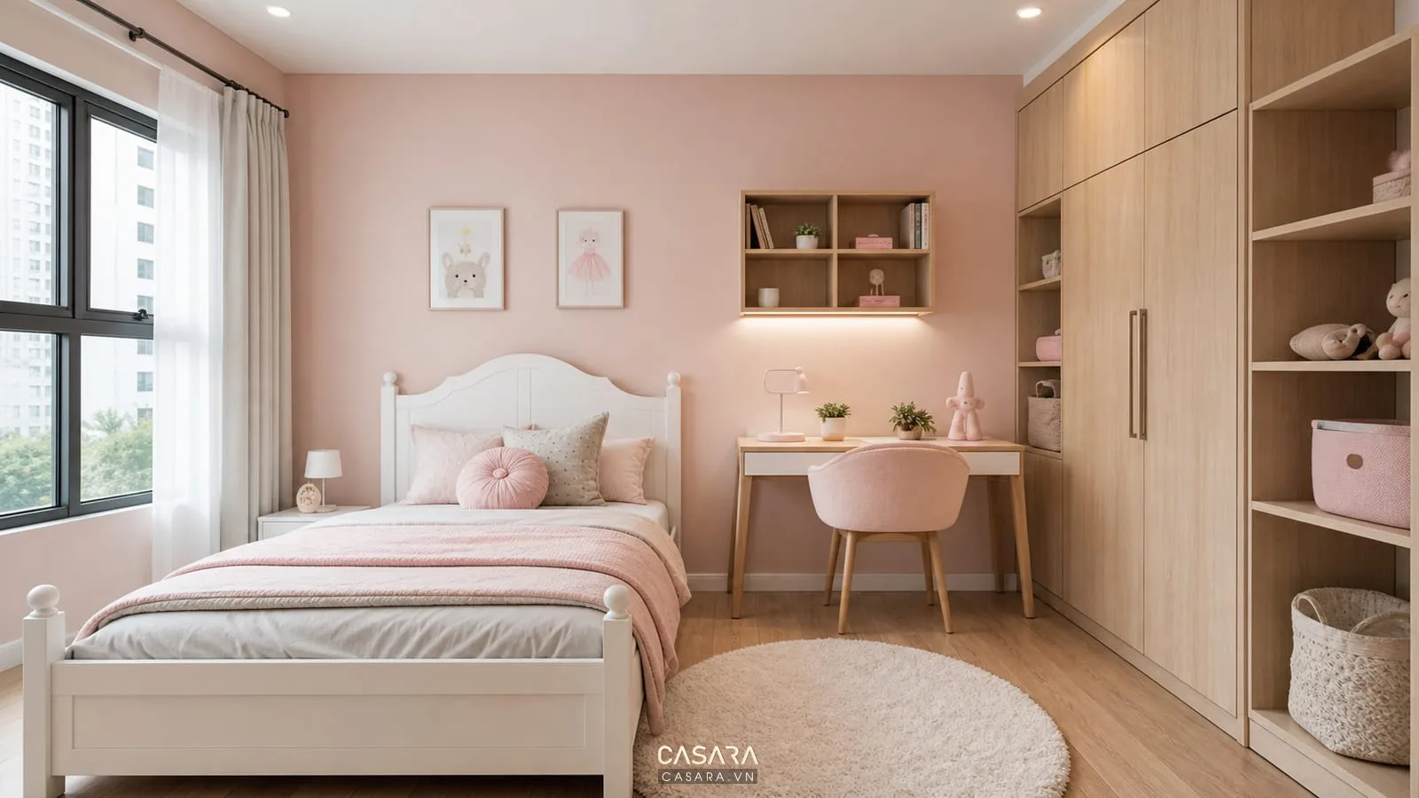 Nội thất phòng ngủ bé gái hiện đại với giường ngủ màu trắng, tường hồng phấn, bàn học nhỏ, tủ quần áo gỗ sáng trong phòng trẻ em chung cư