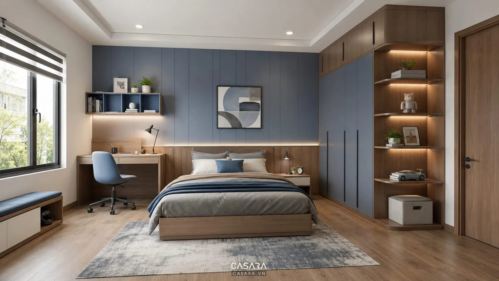 Phối cảnh nội thất phòng ngủ bé trai với góc học tập giường ngủ và tủ áo hiện đại