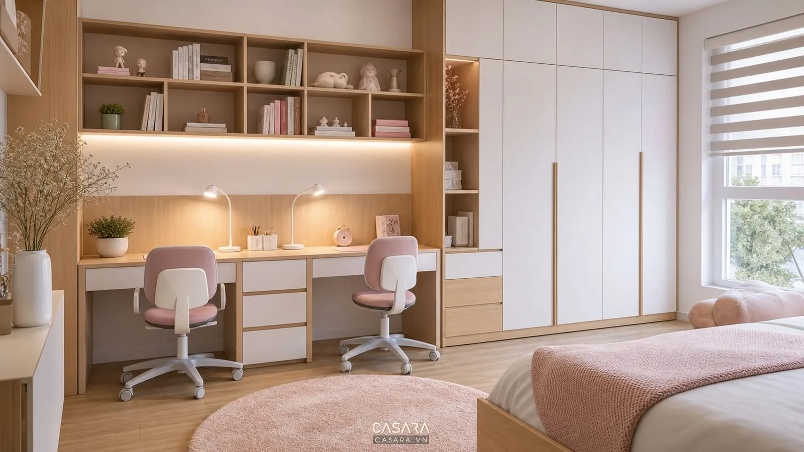 Nội thất phòng ngủ bé gái với giường trẻ em bàn học tủ quần áo màu pastel và kệ sách an toàn