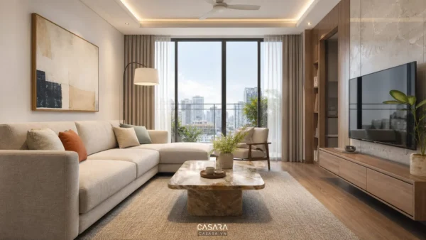 Nội thất sang trong phòng khách căn hộ hiện đại có sofa trung tính, bàn trà đá và tủ tivi gỗ