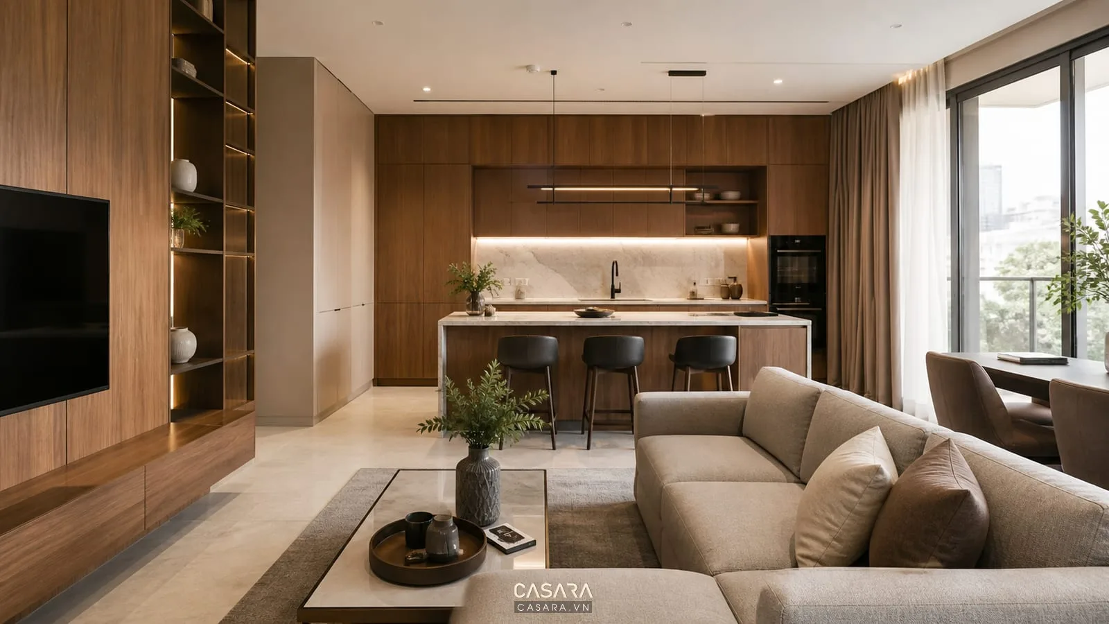 Nội thất sang trong phòng khách và bếp liên thông có gỗ veneer, đá vân nhẹ, sofa vải và kim loại mờ