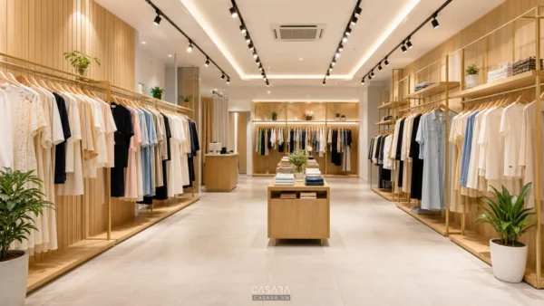 nội thất shop quần áo hiện đại với kệ treo áo và ánh sáng showroom