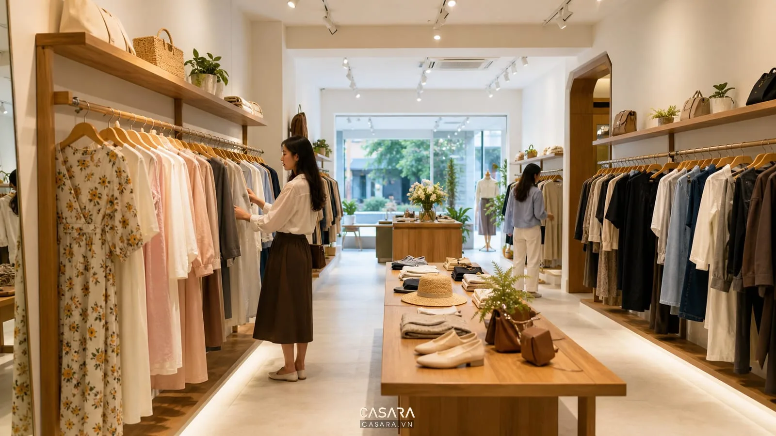 mẫu shop quần áo đẹp có kệ áp tường và bàn trưng bày phụ kiện