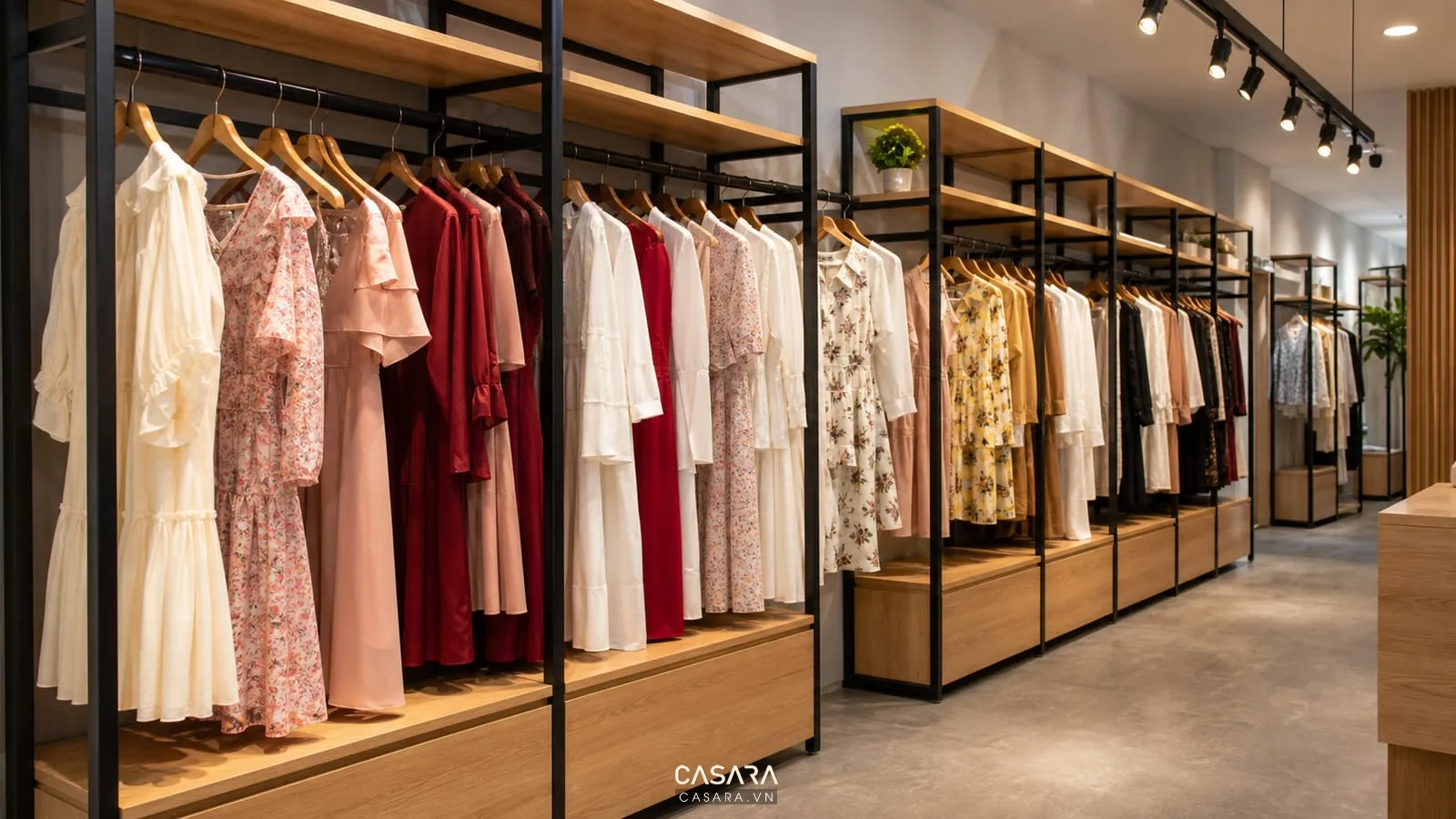 Kệ treo quần áo shop thời trang bằng gỗ công nghiệp và khung kim loại đen