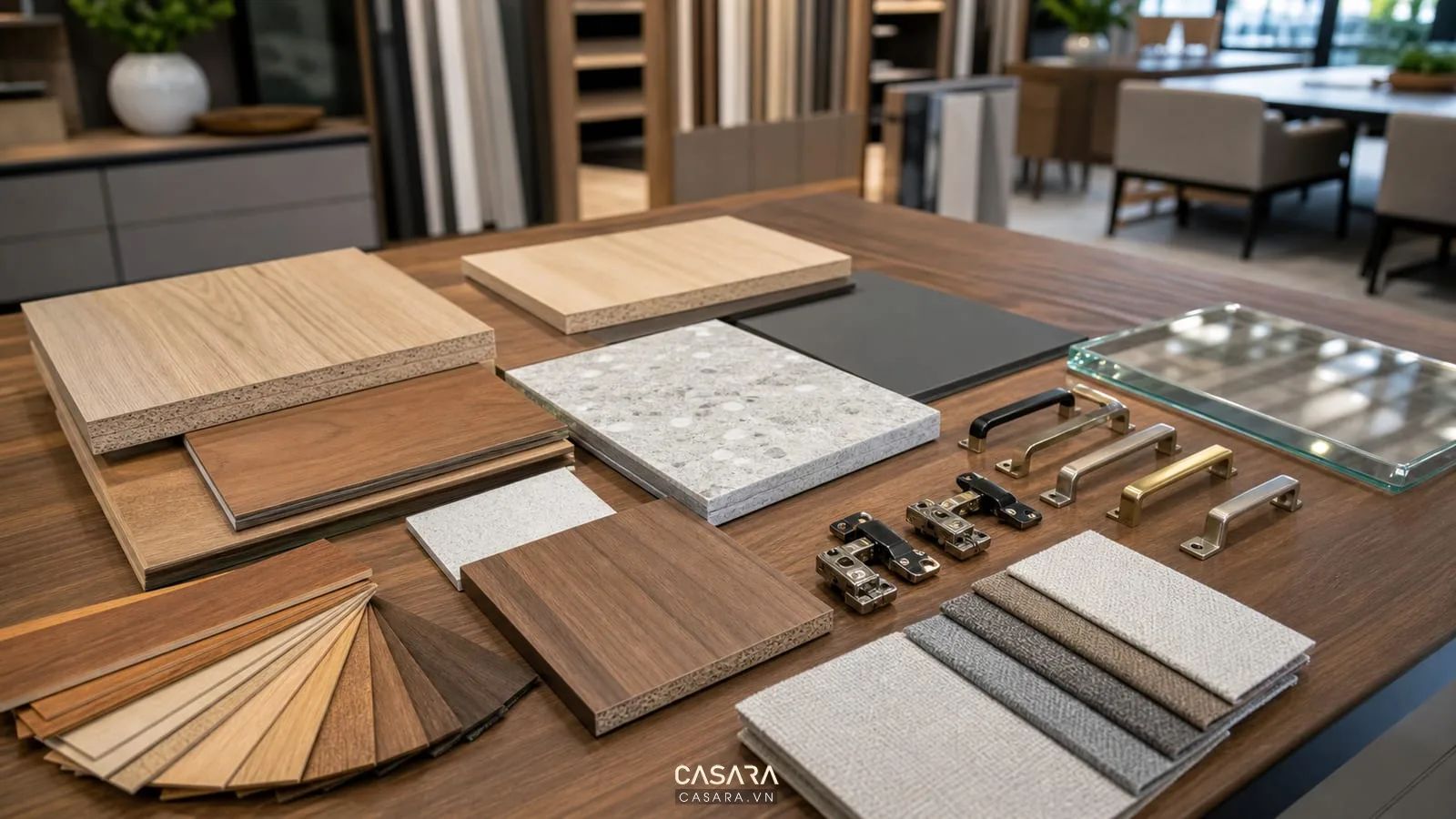 bảng mẫu vật liệu nội thất có gỗ công nghiệp veneer gỗ mặt đá bếp kính tay nắm tủ và bản lề