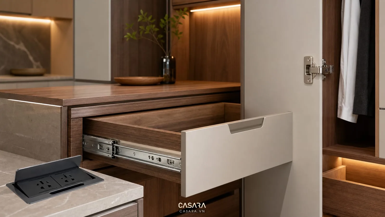 phụ kiện nội thất có ray ngăn kéo tủ bếp bản lề tủ áo đèn led trong tủ tay nắm âm và ổ cắm âm bàn