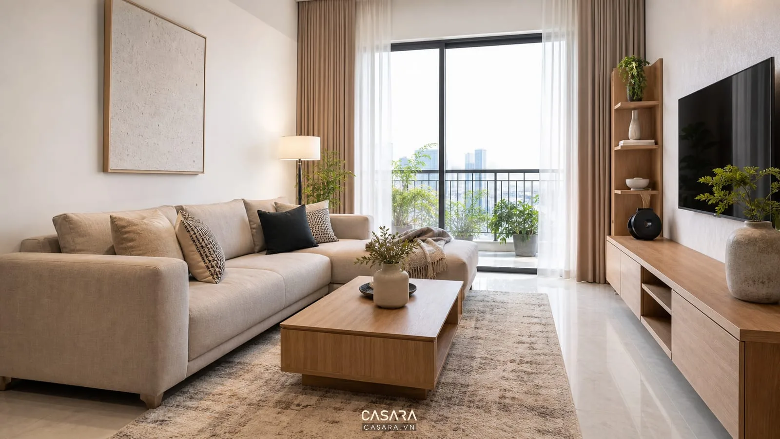 Công ty decor phòng khách hiện đại với đèn hắt trần đèn cây cạnh sofa và kệ tivi giấu dây điện