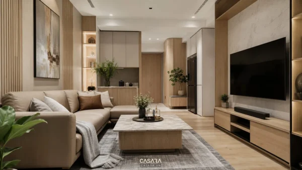 Nội thất phòng khách căn hộ hiện đại với sofa bàn trà tủ tivi gỗ sáng và đá tự nhiên