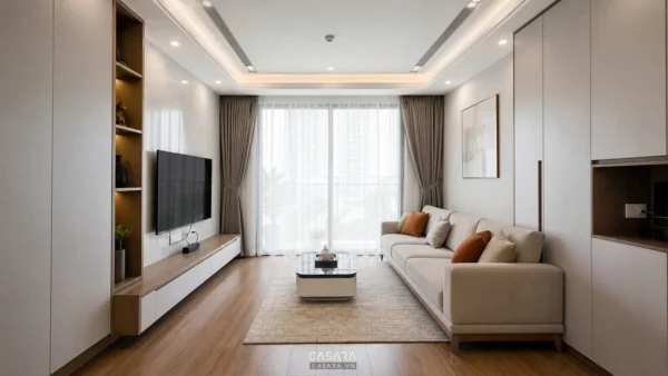nội thất vinhome phòng khách có sofa gọn kệ tivi và tủ lưu trữ kín