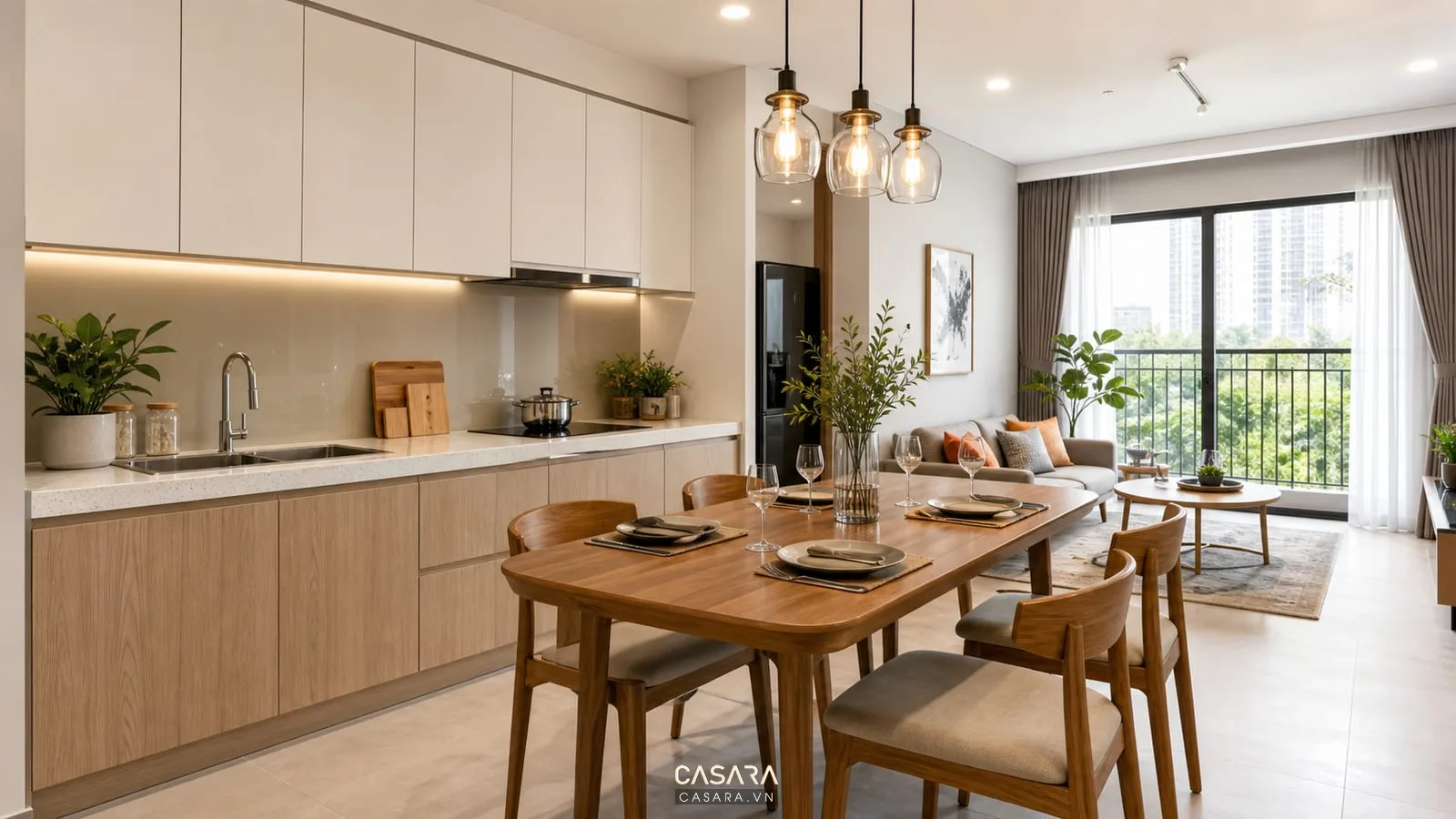 Thiết kế nội thất nhà chung cư với bếp chữ L, tủ gỗ và bàn ăn nhỏ