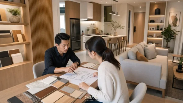 Nhân viên tư vấn bản vẽ và mẫu vật liệu cho gia chủ trong căn hộ