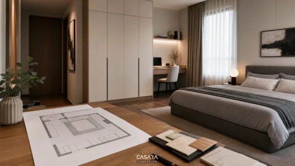Phòng ngủ chung cư có bản vẽ mặt bằng đặt trên bàn, giường, tủ áo và góc làm việc