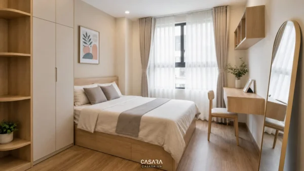 Phòng ngủ nhỏ có giường thấp, tủ áo cánh phẳng, bàn treo và gương đứng