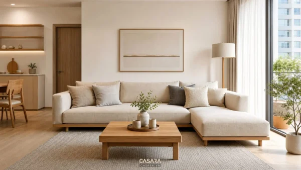 Phòng khách hiện đại màu be trắng với sofa vải và bàn trà gỗ