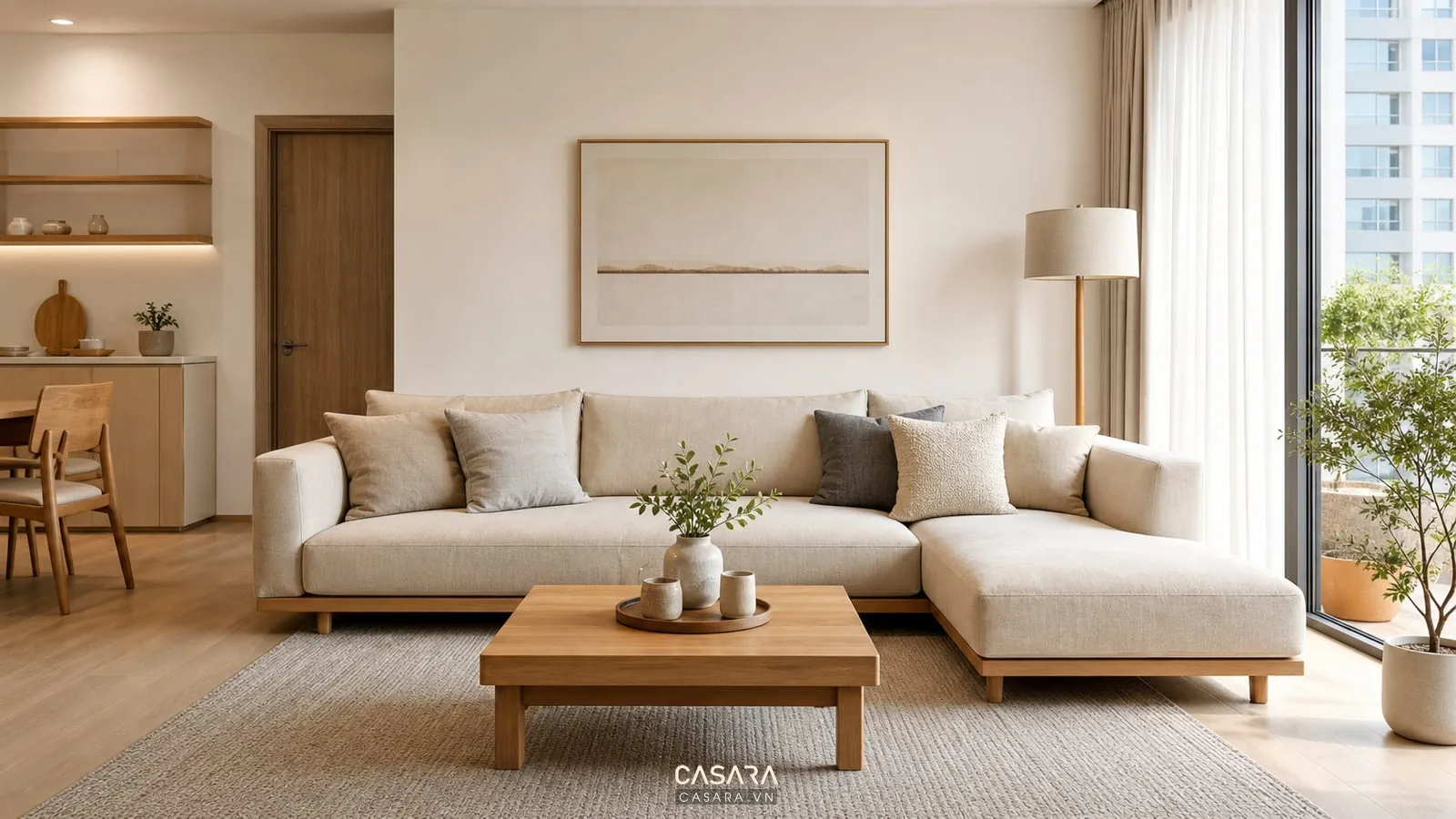 Phòng khách hiện đại màu be trắng với sofa vải và bàn trà gỗ