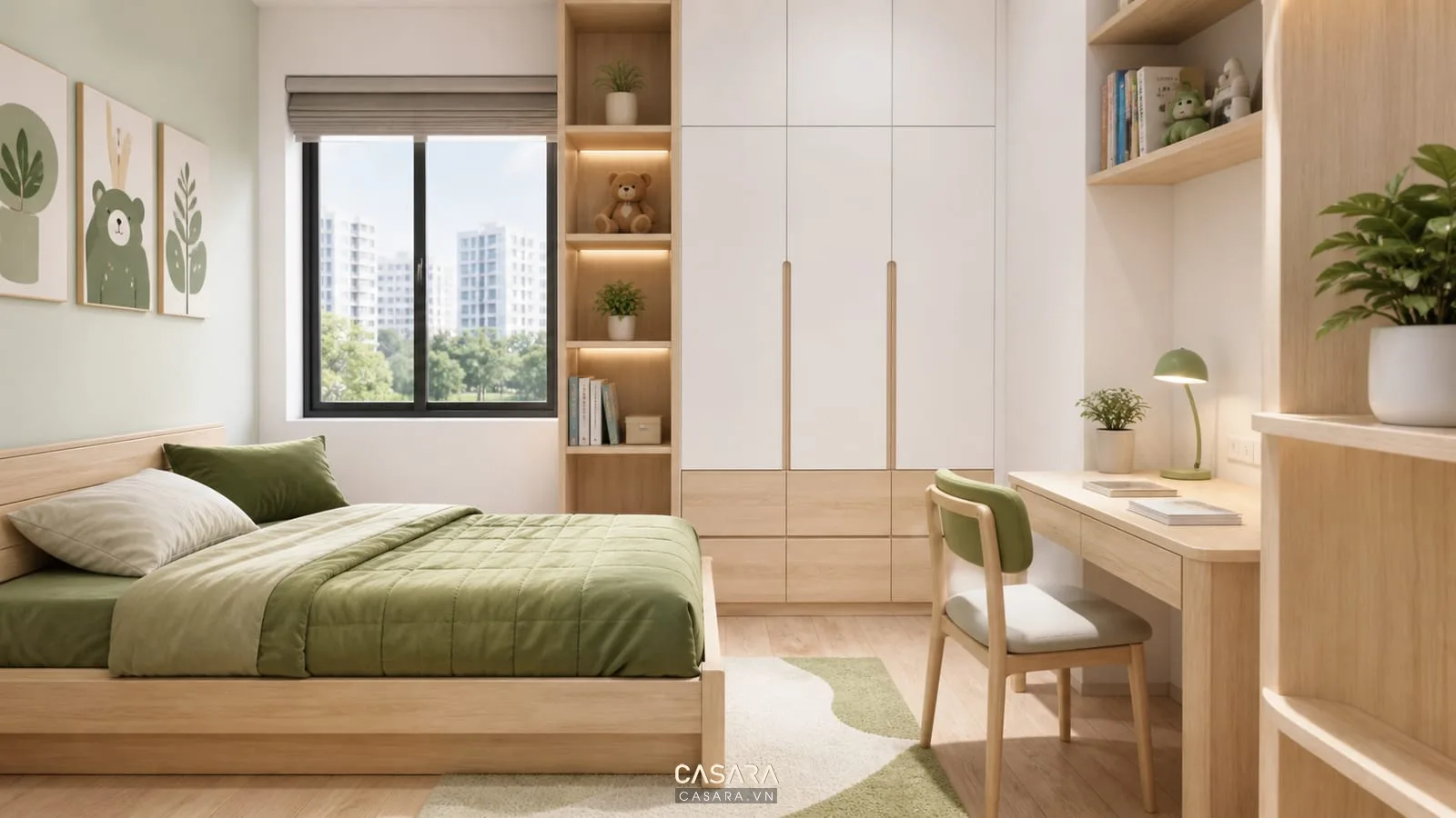 mẫu phòng ngủ bé trai nội thất gỗ sáng và bàn học gọn