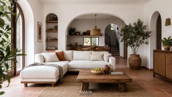 Phòng khách nhà phong cách địa trung hải với tường trắng, sofa sáng màu, bàn gỗ tự nhiên, vòm cong và gạch đất nung.