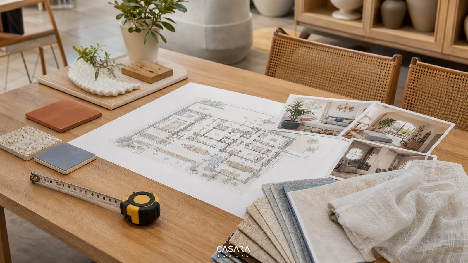 Moodboard tư vấn nhà theo phong cách địa trung hải với bản vẽ vật liệu gỗ và gạch