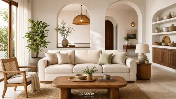 phòng khách nội thất địa trung hải với sofa sáng màu tường trắng vòm cong và gỗ tự nhiên