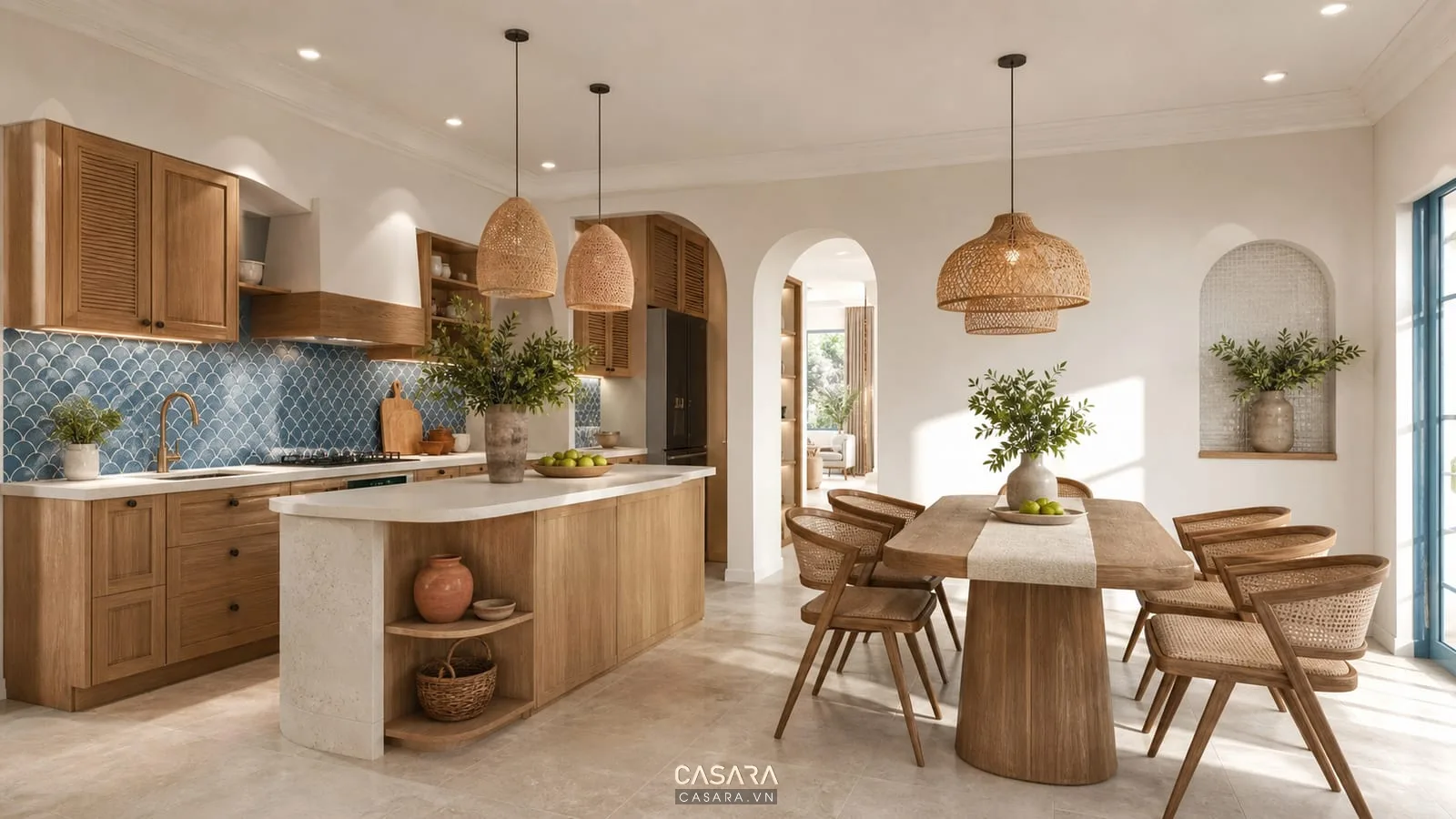 bếp bàn ăn nội thất địa trung hải có tủ gỗ sáng gạch xanh biển mặt đá và đèn mây