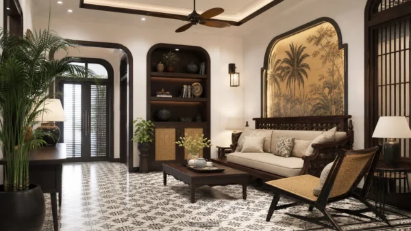 phòng khách phong cách đông dương với sofa gỗ mây đan và gạch bông