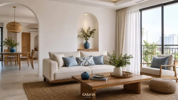 Phòng khách phong cách nội thất địa trung hải với sofa sáng màu, vòm tường trắng, gỗ tự nhiên và điểm nhấn xanh biển