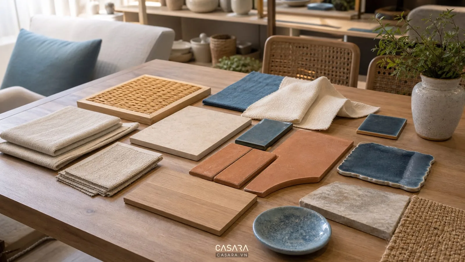 Bảng vật liệu phong cách nội thất địa trung hải gồm gỗ sáng, gạch terracotta, linen, mây đan và gốm xanh biển