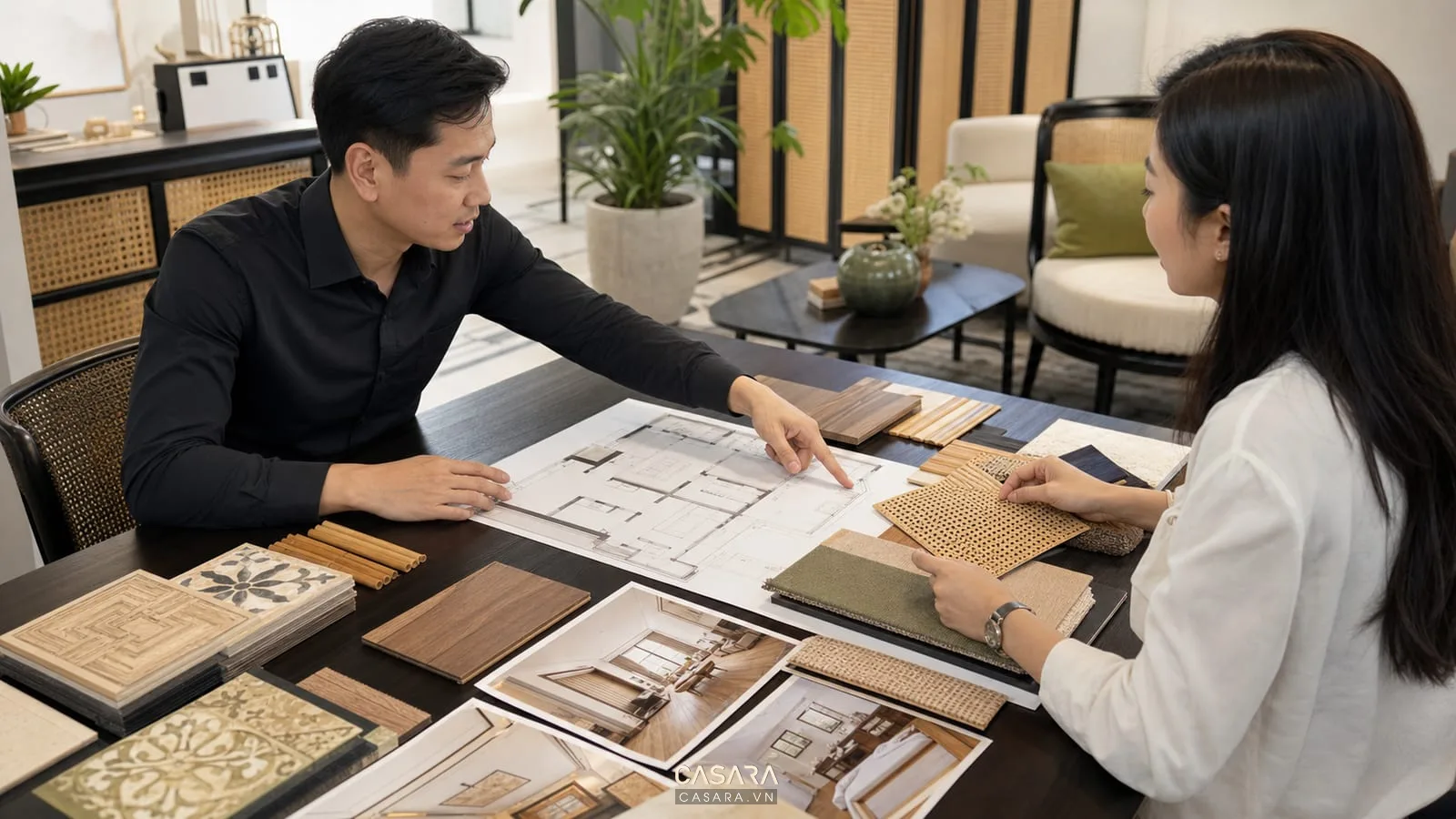 kiến trúc sư tư vấn phong cách nội thất indochine với bản vẽ và mẫu vật liệu
