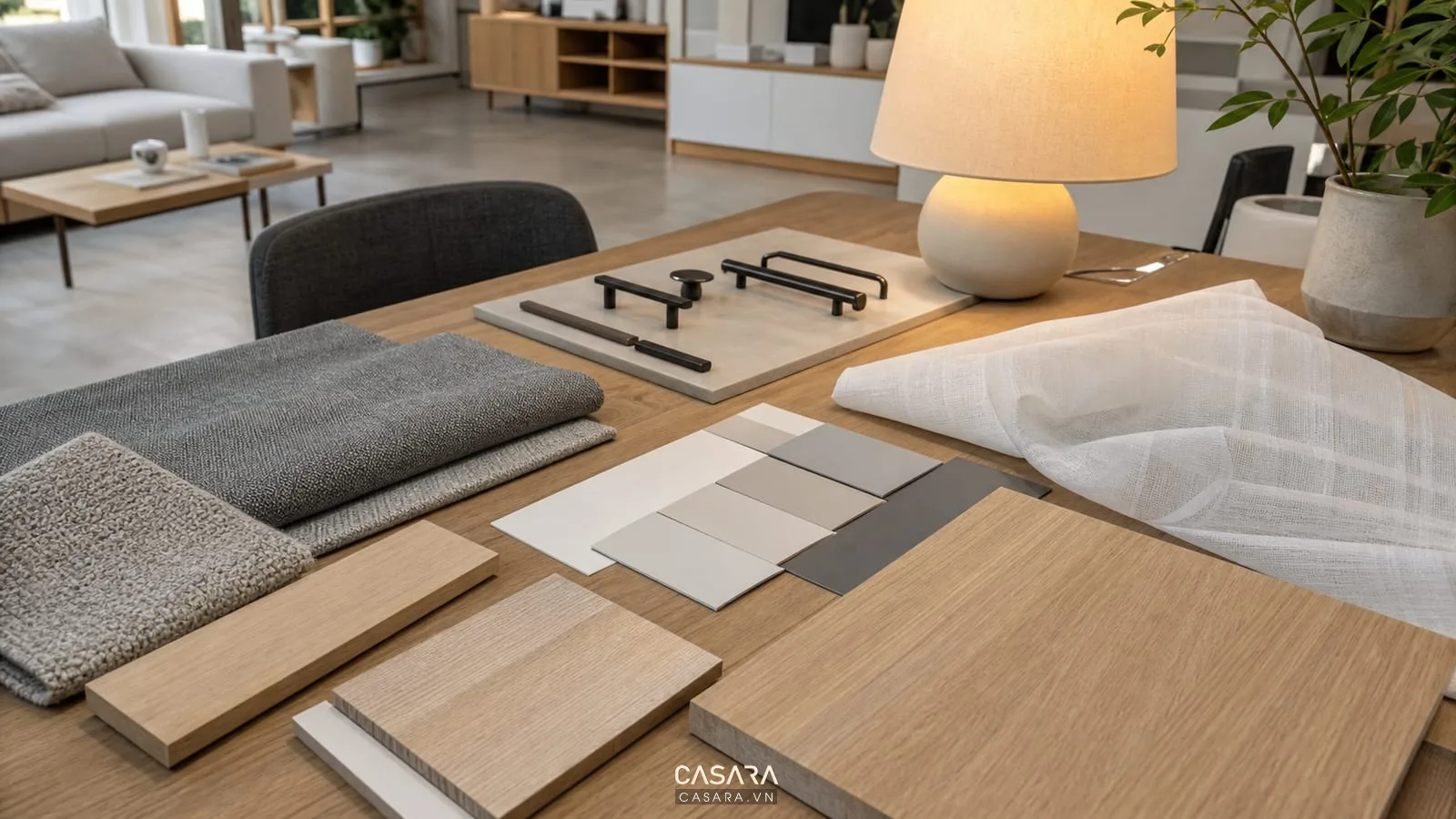 Bảng vật liệu phong cách thiết kế scandinavian gồm gỗ sáng, vải linen và màu trung tính