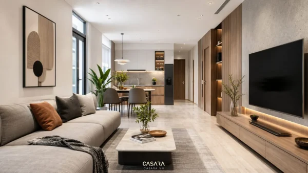 Phòng khách chung cư hiện đại có sofa thấp, kệ tivi gỗ và khu bếp mở phía sau