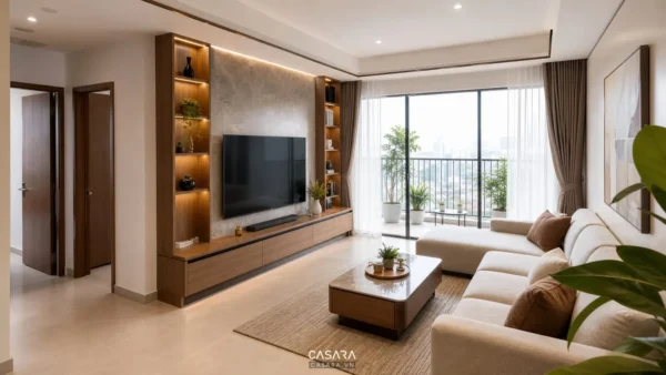 Phòng khách chung cư có sofa chữ L, kệ tivi gỗ và ban công lớn