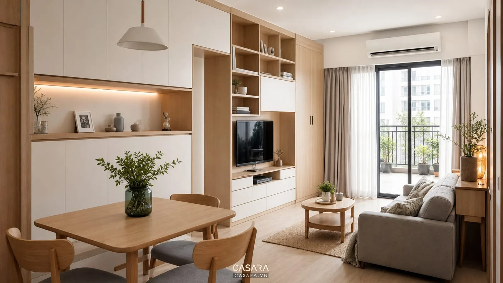thiết kế chung cư 42m2 với tủ âm tường gỗ sáng và sofa nhỏ