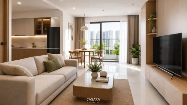 Phòng khách chung cư hiện đại có sofa sáng màu, kệ tivi gỗ, bếp liền kề và ban công thoáng