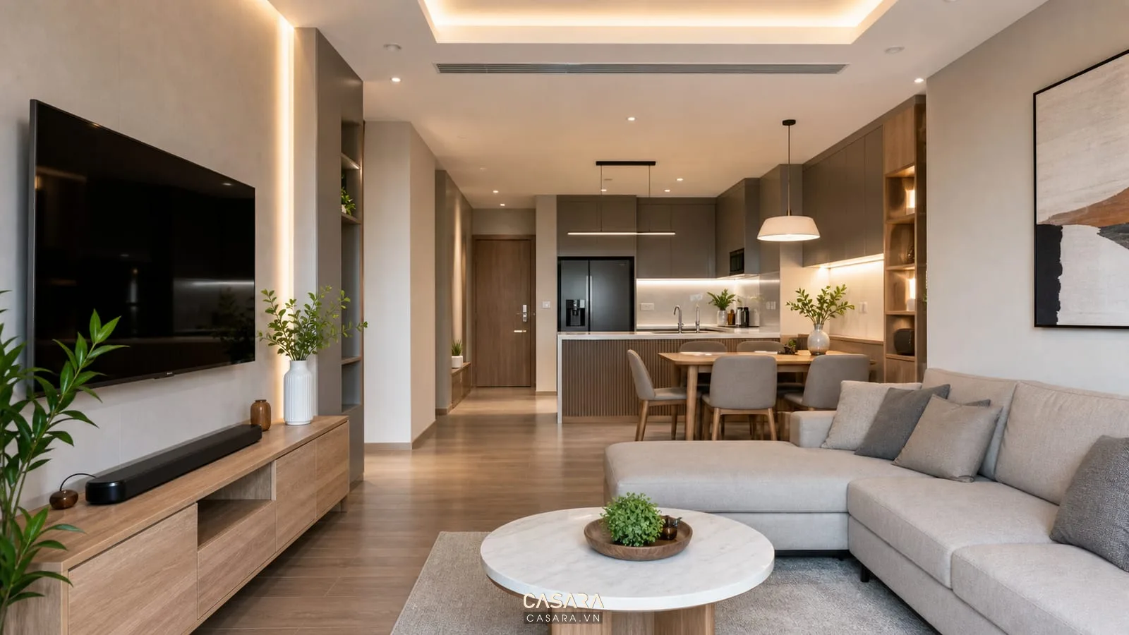 thiết kế phòng khách chung cư 70m2 có sofa chữ L, bếp mở, bàn ăn và tủ tivi gỗ