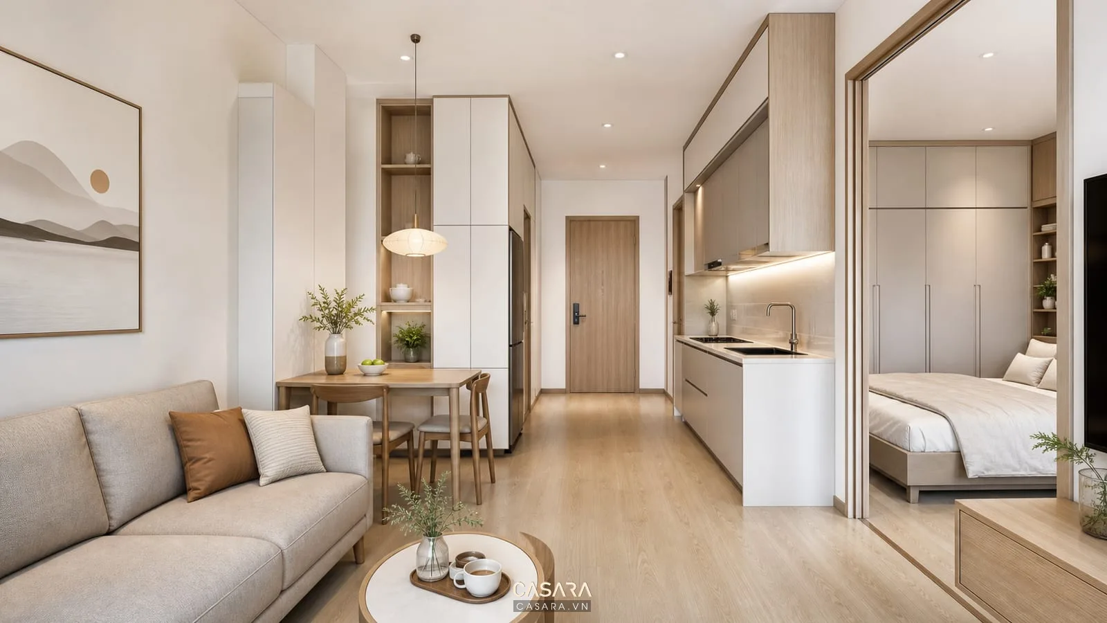 thiết kế chung cư 50m2 1 phòng ngủ có sofa gọn, bàn ăn sát tường, tủ kịch trần và bếp chữ I