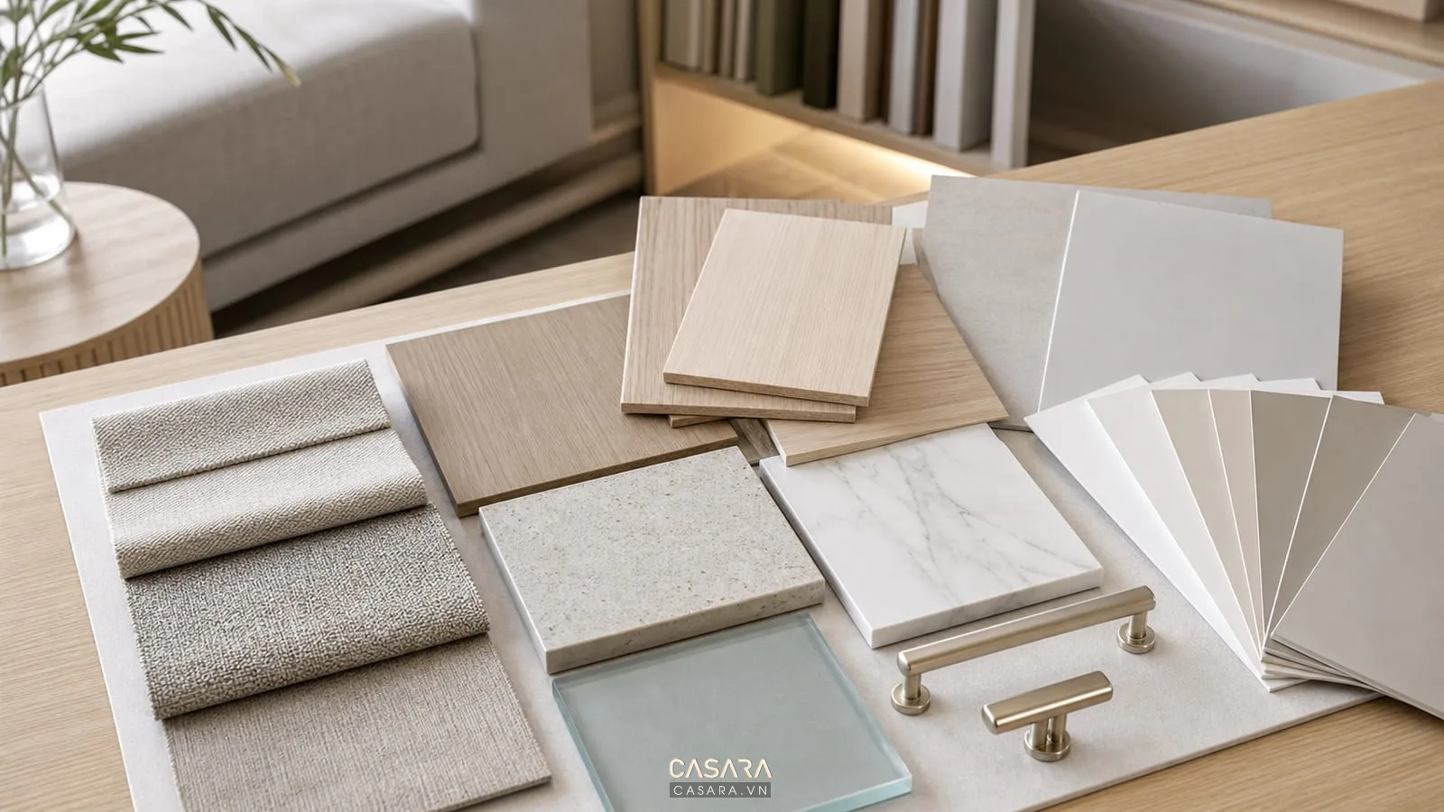 bảng mẫu vật liệu thiết kế chung cư hiện đại có gỗ, đá, vải sofa, kính và màu sơn