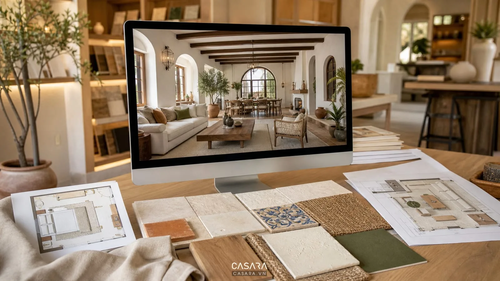 Phối cảnh phong cách thiết kế địa trung hải với moodboard vật liệu nội thất