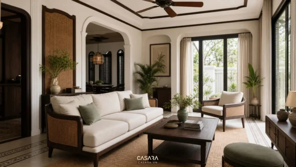 Phòng khách phong cách thiết kế indochine với sofa sáng, bàn trà gỗ và mây đan