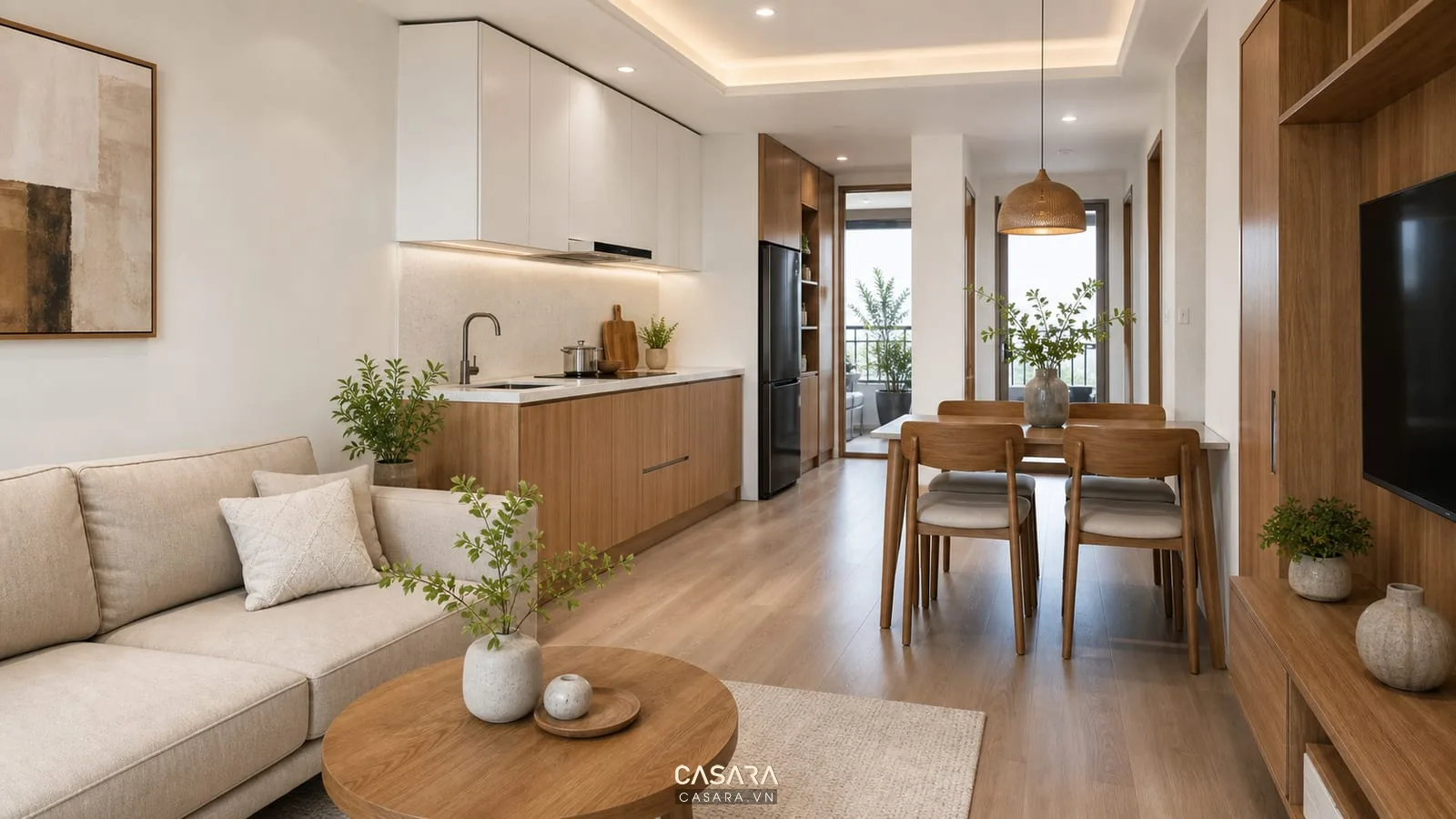 Thiết kế nội thất chung cư phong cách hiện đại với phòng khách liền bếp